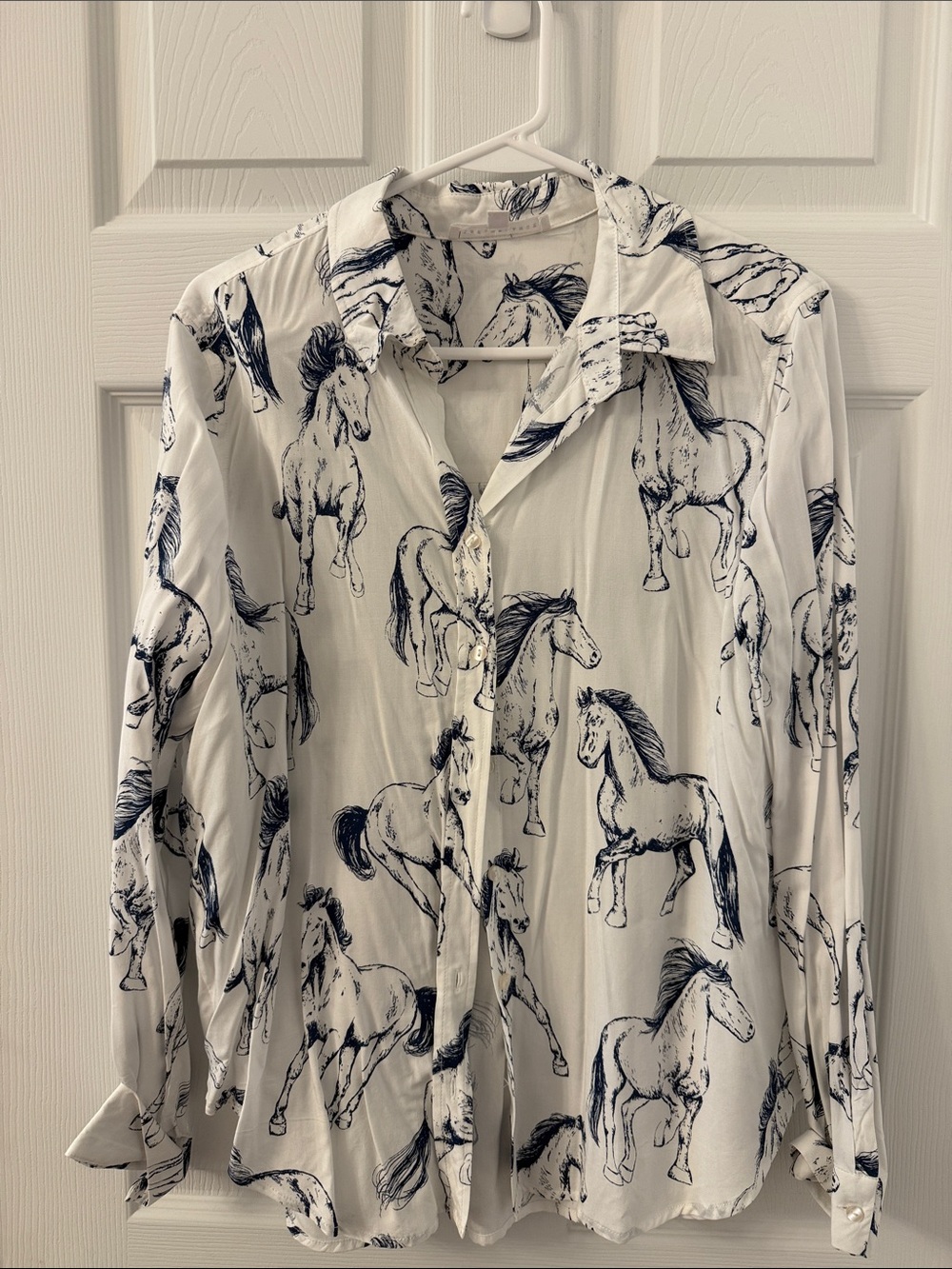 White Horse-Print Button-Up Shirt